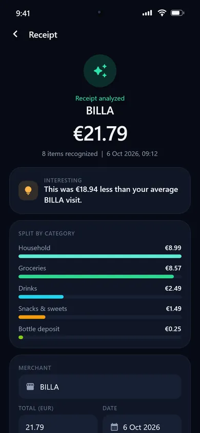 Receipt review screen in Pocketa